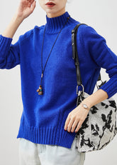 Bio Blau High Neck Side Open Strickpullover Frühling